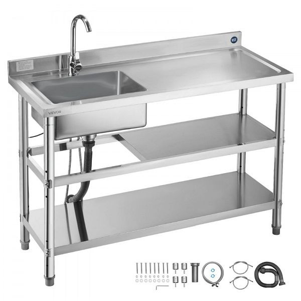 VEVOR Edelstahl Spültisch 120x50x94 cm, Einzelbecken mit Wasserhahn & 2 Ablagen, Küchenspüle für Garage/Restaurant, DSCDGZT120CMLOECU001V0