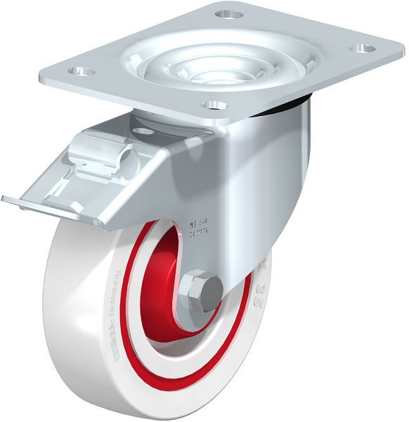 Blickle LK-POW 125K-3-FI-FK Stahlblech-Lenkrolle, schwere Ausführung, mit Anschraubplatte & Feststeller, Polyamid, Weiß, 624601