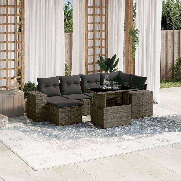 vidaXL 7-tlg. Garten-Sofagarnitur mit Kissen Grau Poly Rattan, 3269310