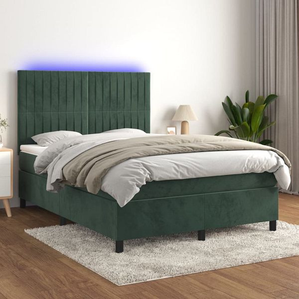 vidaXL Boxspringbett mit Matratze & LED Dunkelgrün 140x190 cm Samt, 3136242