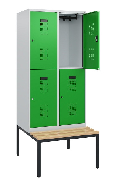 C+P Doppelstöckiger Spind Evolo PLUS, Bank, 4 Fächer, 1950x800x815mm, 7035/6037, Zylinderschloss, Sitzfläche Buche-Hartholz, Sitzbank, 0493505-22 S10038