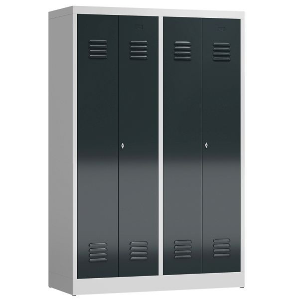 Lüllmann ClassiX Garderobenschrank, 4 Abteile, je 2 mittig schließend, 1800 x 1185 x 500 mm, lichtgrau/anthrazitgrau, X-510448