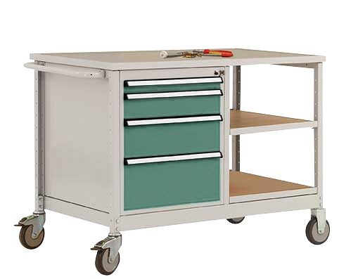 Manuflex Mobile Werkbank Modell 1 mit geölter Multiplex-Abdeckplatte 30 mm BxTxH 1135 x 590 x 810 mm, graugrün, MW2001.0001