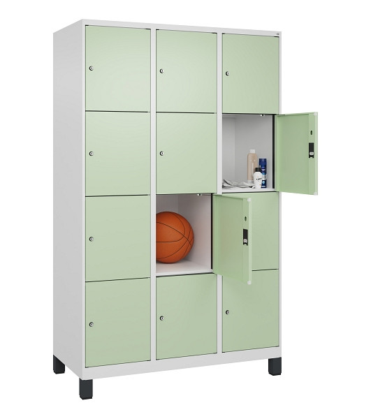 C+P Schließfachschrank Evolo PLUS, mit Füßen, 12 Fächer, 1950x1200x500mm, 9016/6019 Weissgrün, Abteile 3, Abteilbreite 400 mm, 049010-324 S10019