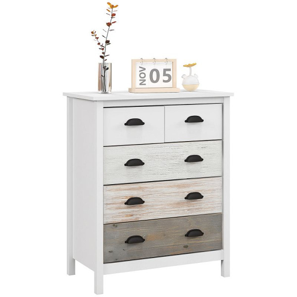 HOMCOM Sideboard, Kommode, 5 Schubladen, MDF & Kiefernholz, 70 x 38 x 85 cm, Weiß, 831-353V90WT