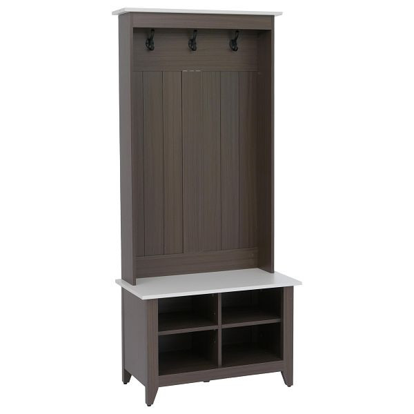 Mendler Garderobe HWC-P28, Standgarderobe Schuhregal Sitzbank, 3 Haken 4 Staufächer Melamin 170x76x39cm, Walnuss-Optik, beige, 118684