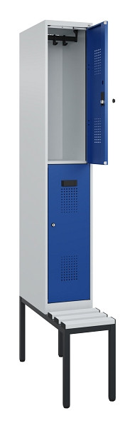 C+P Doppelstock-Spind Evolo PLUS, Bank, 2 Fächer, 2120x300x815mm, 7035/5010, Zylinderschloss, Sitzfläche Kunststoff, Sitzbank, 0493507-10 S10114