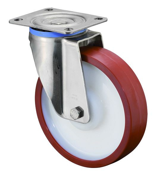 BS Rollen Edelstahl-Schwerlastrolle Lenkrolle, Edelstahl, Polyurethanrad rot, Gleitlager, Anschraubplatte 200 mm,Tragfähigkeit 600 kg, HS100.B27.200