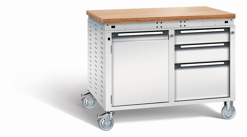 Otto Kind Werkbank Serie function Typ 252 fahrbar, Multiplexplatte 40 mm, bündig, 2x Unterbau, komplett RAL 7035, 072383117