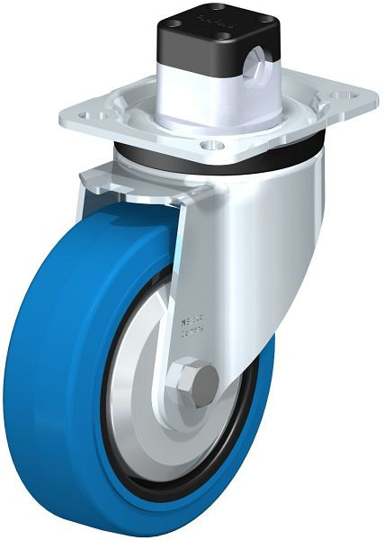 Blickle LK-POEV 125K-1-CS11-SB-FA Stahlblech-Lenkrolle, schwere Ausführung, mit Anschraubplatte & Zentralfeststeller, Elastik-Vollgummi, Blau, 851109