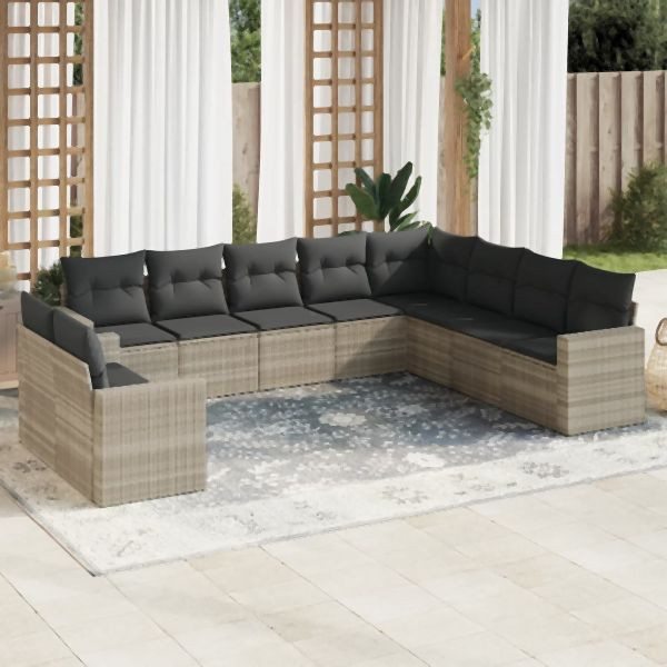 vidaXL 10-tlg. Garten-Sofagarnitur mit Kissen Hellgrau Poly Rattan, 3219162