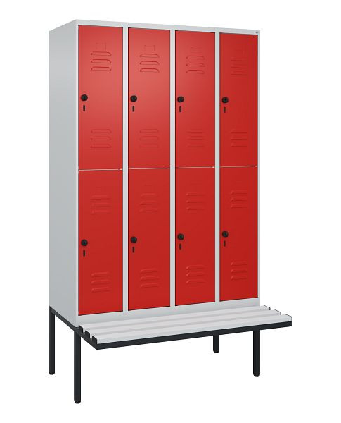 C+P Doppelstöckiger Spind Classic PLUS, 4 Abteile, 2120x1200x815mm, 7035/3020, Drehriegel, mit Untergestell und schwebender Sitzfläche, 0803407-40 S10107