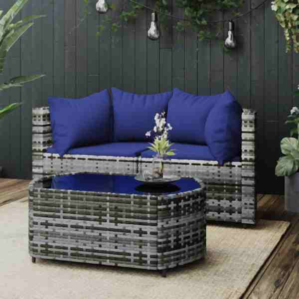 vidaXL 3-tlg. Garten-Lounge-Set mit Kissen Grau Poly Rattan, 319855