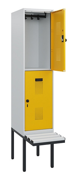 C+P Doppelstock-Spind Evolo PLUS, Bank, 2 Fächer, 1950x400x815mm, 7035/1004, Drehriegel, Sitzfläche Kunststoff, 0493405-12 S10080