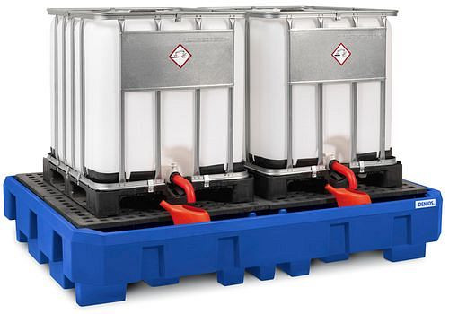 DENIOS Auffangwanne classic-line aus PE für 2 IBC, Abfüllbereich und PE-Gitterrost, 267613