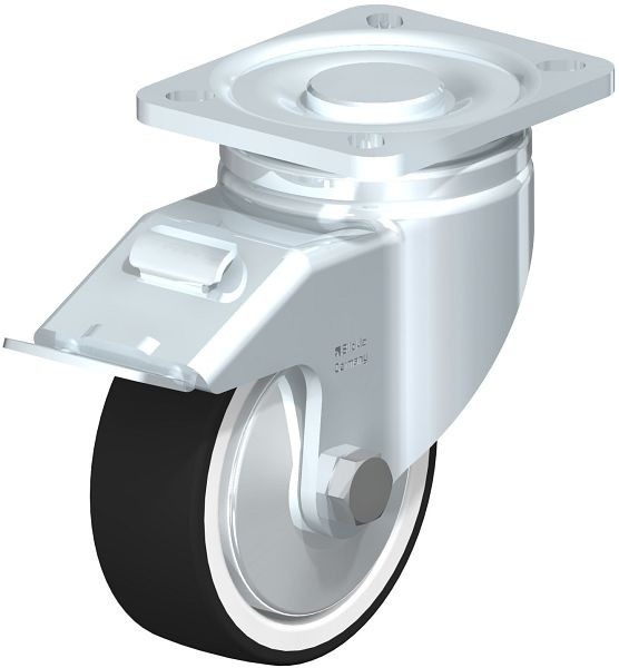 Blickle LH-POTH 100G-1-FI-FA Stahlblech-Bockrolle, Schwerlast-Ausführung, mit Anschraubplatte & Feststeller, Thermoplastisches Polyurethan, Grau, 750086