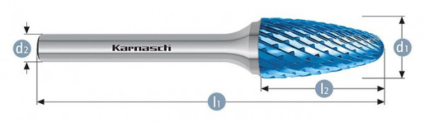 Karnasch Hartmetall-Frässtift Blue-Tec beschichtet RBF/ HP-6 d1=12 / l2=25 / d2=6 / l1=70mm, VE: 2 Stück, 115054050