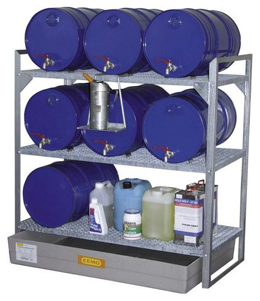 Cemo Fassregal Typ 360 mit GFK-Auffangwanne 150 l mit Fassauflagen für 6x 60 l Fässer und/oder Kleingebinde, 7642
