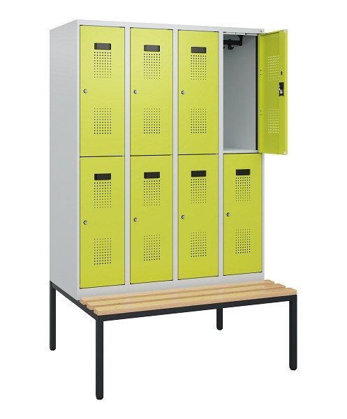 C+P Doppelstöckiger Spind Evolo PLUS, Bank, 8 Fächer, 1950x1200x815mm, 7035/0024, Zylinderschloss, Sitzfläche Buche-Hartholz, Sitzbank, 0493505-40 S10042