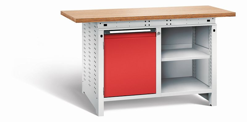 Otto Kind Werkbank Serie function Typ 210, Multiplexplatte 40 mm, überstehend, 2x Unterbau, Gehäuse RAL 7035, Front RAL 3000, 072340234