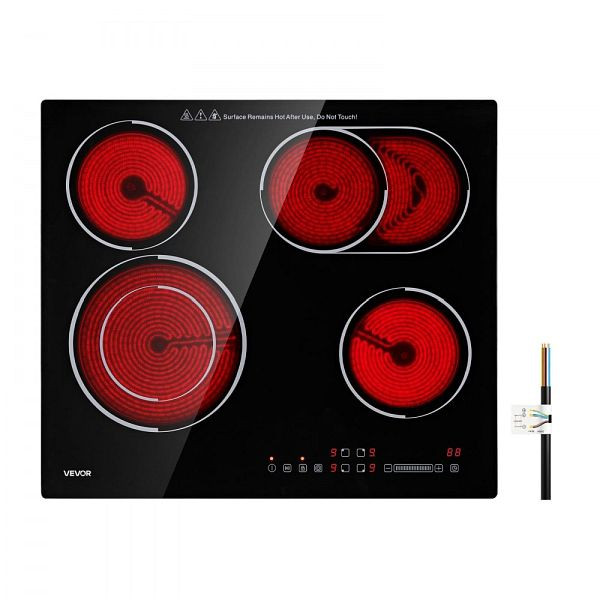 VEVOR Glaskeramikkochfeld 59 x 52 cm, 6600 W, 4 Zonen, 9 Stufen, Timer, Kindersicherung, Touch, ohne Stecker, DTLQRS4BURNEY6XNT001V2