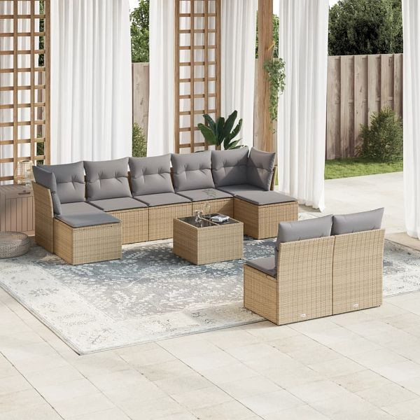 vidaXL 10-teilig Garten-Sofagarnitur mit Kissen Beige Poly Rattan, 3250118