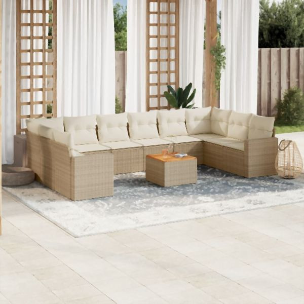 vidaXL 11-tlg. Garten-Sofagarnitur mit Kissen Beige Poly Rattan, 3224294
