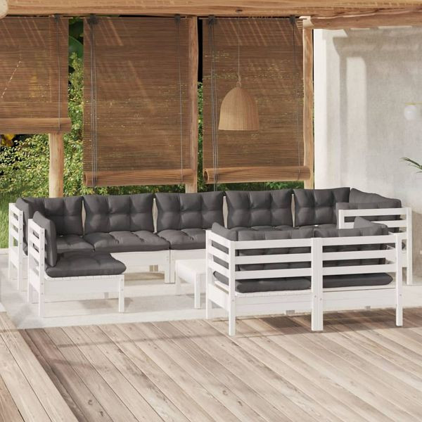 vidaXL 10-teilig Garten-Lounge-Set mit Kissen Weiß Kiefer Massivholz, 3096533