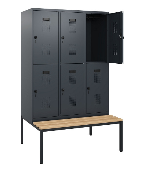 C+P Doppelstöckiger Spind Evolo PLUS, Bank, 6 Fächer, 1950x1200x815mm, 7016/7016, Drehriegel, Sitzfläche Buche-Hartholz, Sitzbank, 0493505-32 S10016