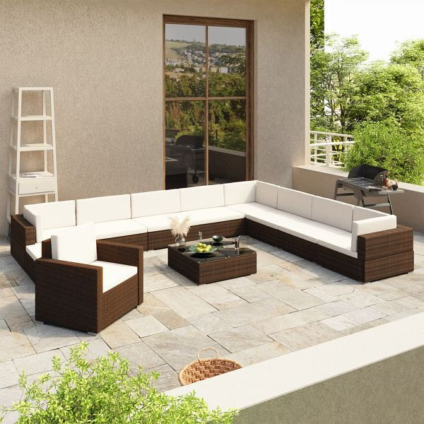 vidaXL 12-teilig Garten-Lounge-Set mit Auflagen Poly Rattan Braun, 41262