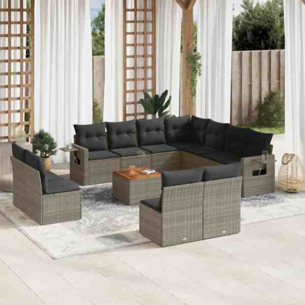 vidaXL 12-tlg. Garten-Sofagarnitur mit Kissen Grau Poly Rattan, UV-beständig, 3256956
