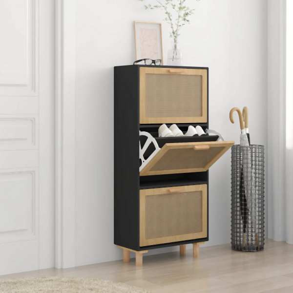 vidaXL Schuhschrank Schwarz 52x25x115 cm Holzwerkstoff & Rattan Natur, 345649