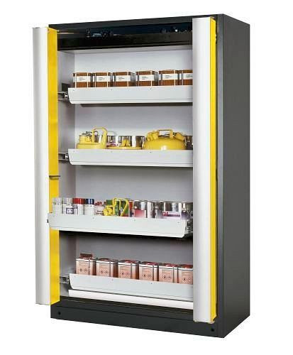 asecos Feuerbeständiger Gefahrstoffschrank Select W-124F, 4 Auszugswannen, Falttüren gelb, 233803
