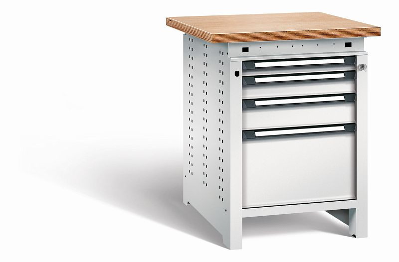 Otto Kind Werkbank Serie function Typ 108, Multiplexplatte, überstehend, 4 Schubladen, mit Zentralverschluss, komplett RAL 7035, 072325217