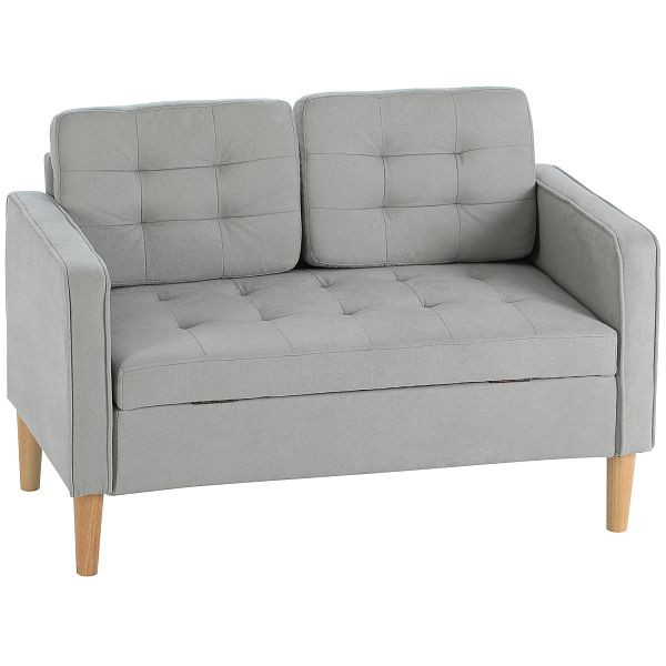 HOMCOM Zweisitzer-Sofa mit Stauraum, Knopfheftung, Kissen, Kautschukbaumholz, 117x62x78cm, Hellgrau, 839-032V00LG