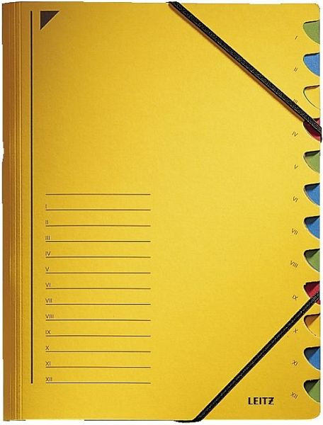 LEITZ 3912 Ordnungsmappe, 12 Fächer, A4, Pendarec-Karton (RC), 430 g/qm, gelb, 3912-00-15