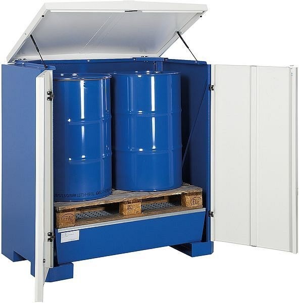 asecos Depot Stahl lackiert RAL 5010 GiR verzinkt unterfahrbar Volumen 200L, 1425x960x1540mm, 32004