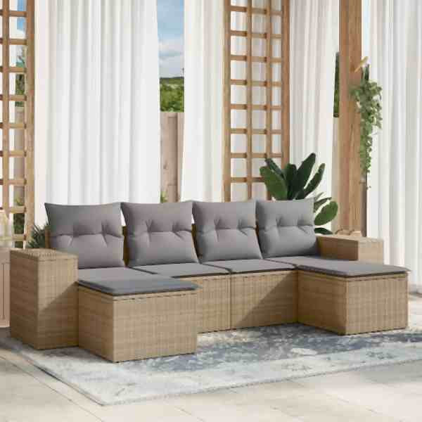 vidaXL 6-tlg. Garten-Sofagarnitur mit Kissen Beige Poly Rattan, UV-beständig, 3222918