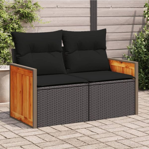 vidaXL Gartensofa mit Kissen 2-Sitzer Schwarz Poly Rattan, 365995