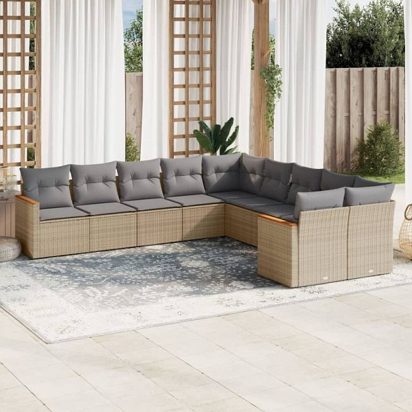 vidaXL 10-teilig Garten-Sofagarnitur mit Kissen Beige Poly Rattan, 3258755