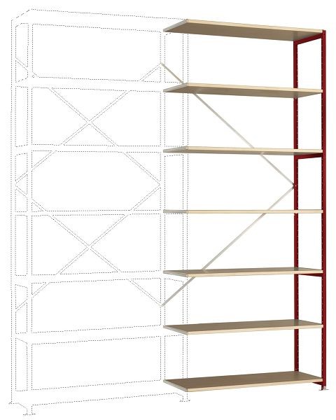 Manuflex Breitfach-Steckregal Anbauregal mit 7 Holzverbundböden, HxBxT = 3000 x 1250 x 400 mm, rubinrot, RP1726.3003