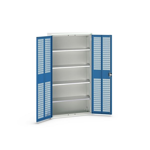bott verso Flügeltürschrank mit Belüftung, mit 4 Fachböden, BxTxH: 1050 x 350 x 2000 mm, Lichtgrau / Enzianblau, 16926753.11