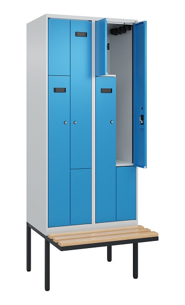 C+P Z-Spind Evolo PLUS, Bank, 4 Fächer, 2120x800x815mm, 7035/5012, Zylinderschloss, Sitzfläche Holz, 0490437-224 S10039