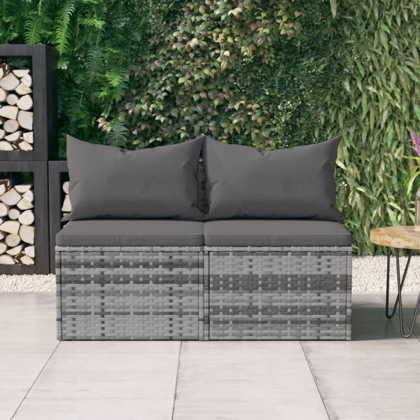 vidaXL Garten-Mittelsofas mit Kissen 2 Stück Grau Poly Rattan, 362333