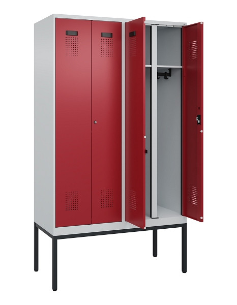 C+P Schwarz-Weiß-Spind Evolo PLUS, Gestell, 4 Abteile, 2120x1200x500mm, 7035/300, Frontfarbe RAL 3003 Rubinrot, Zylinderschloss, 0490327-40 S10031