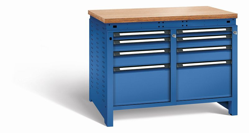 Otto Kind Werkbank Serie function Typ 216, Multiplexplatte 40 mm, bündig, 2x Unterbau + Zentralverschluss, komplett RAL 5010, 072346113