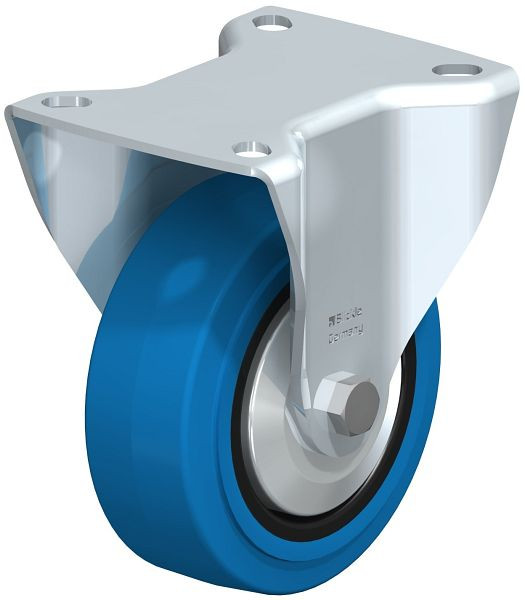 Blickle B-POEV 100KD-SB-FA Stahlblech-Bockrolle, mittelschwere Ausführung, mit Anschraubplatte, Elastik-Vollgummi, Blau, 749074