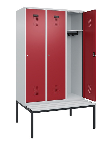 C+P Spind Evolo PLUS, 3 Abteile, 2120x1200x815mm, 7035/3003, Haken 4, Zylinderschloss, Sitzfläche Kunststoff, Sitzbank, 0490507-32 S10085