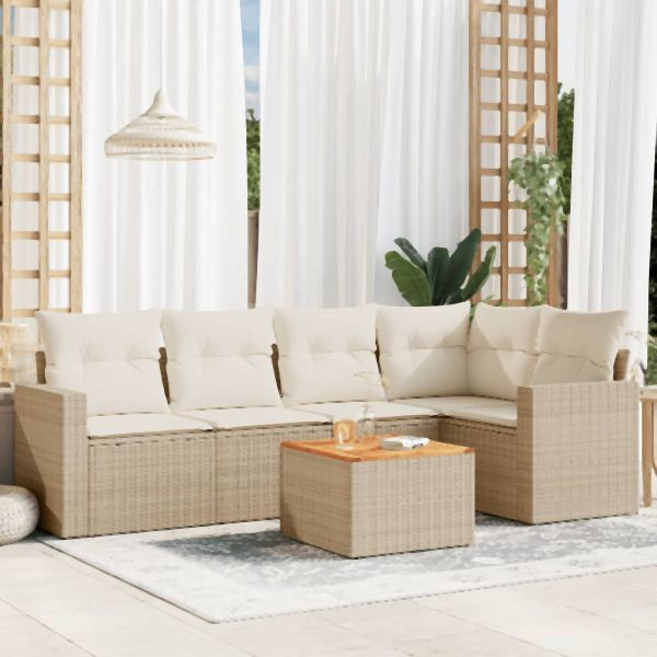vidaXL 6-tlg. Garten-Sofagarnitur mit Kissen Beige Poly Rattan, 3256443