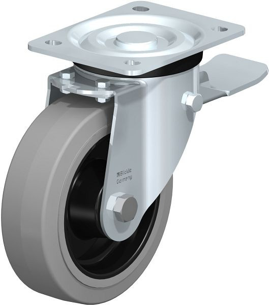 Blickle L-POEV 160R-ST-SG Stahlblech-Lenkrolle, mittelschwere Ausführung, mit Anschraubplatte & Feststeller, Elastik-Vollgummi, Grau, 31633